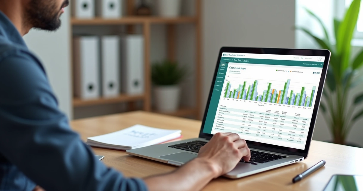 Proprietário analisando fluxo de caixa do aluguel em notebook com planilha e gráficos 