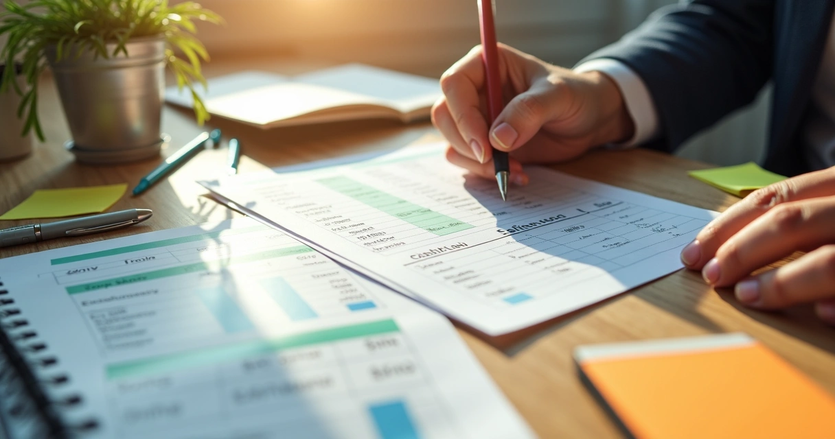 Fluxo de caixa com notas e calculadora em mesa de escritório 