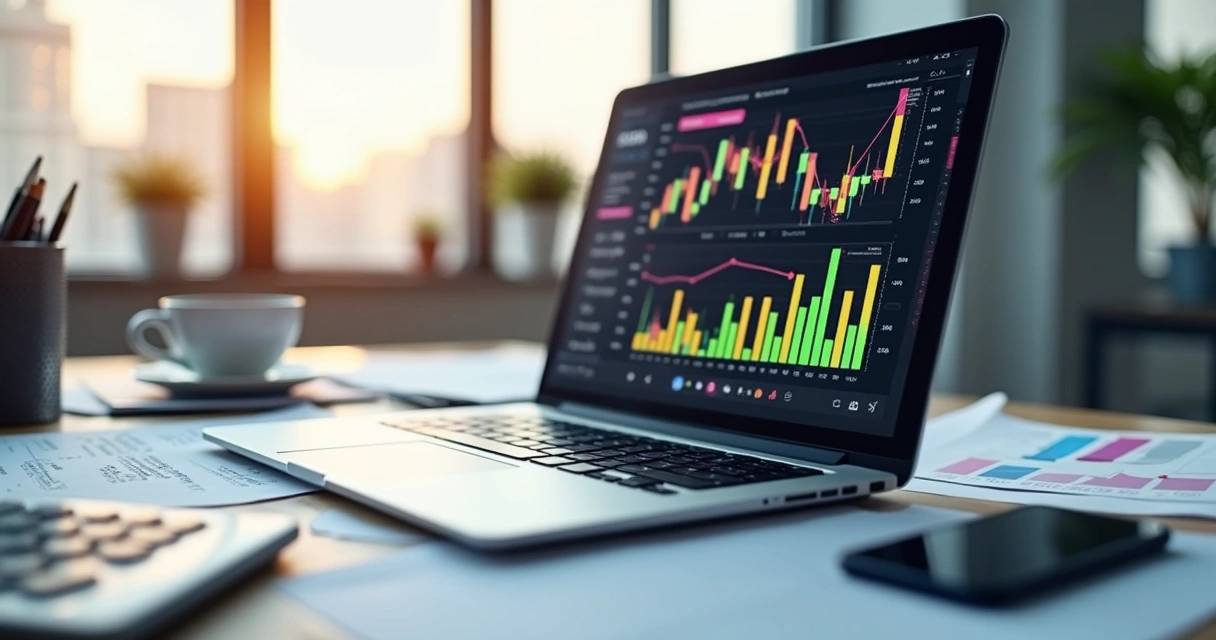 Mesa de escritório com laptop mostrando gráficos financeiros e planilhas de fluxo de caixa digitalizadas 