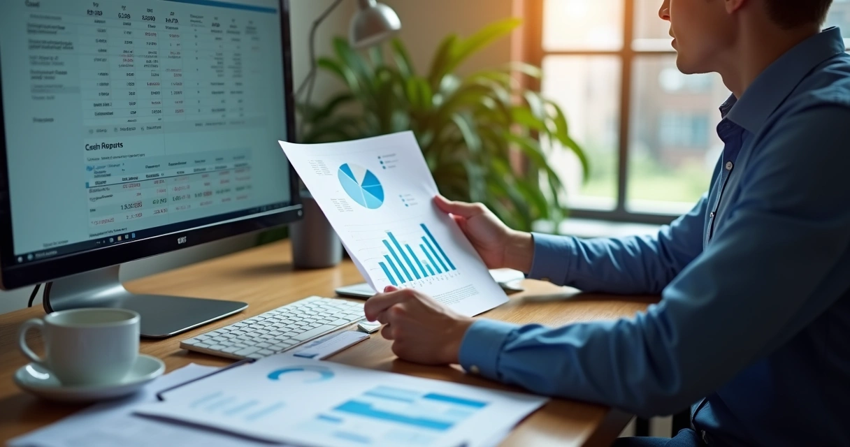 Gestor analisando relatório automatizado de fluxo de caixa em escritório