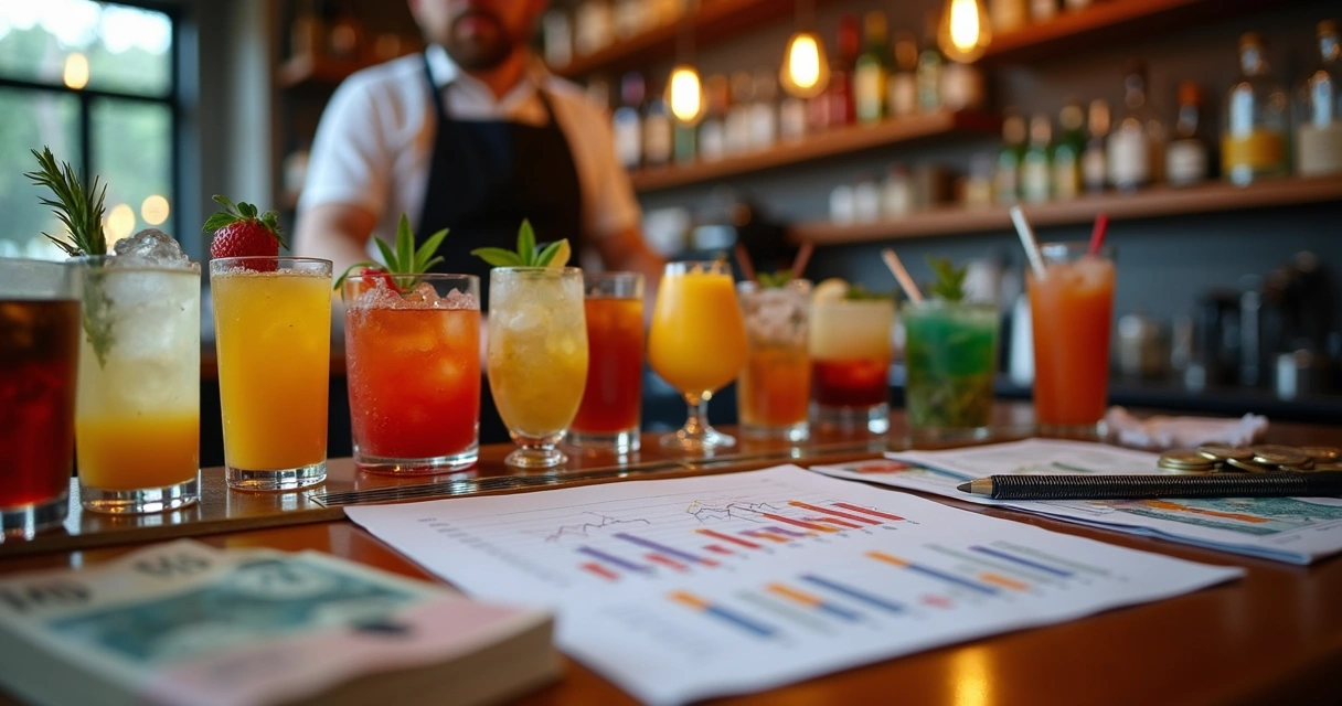 Fluxo de caixa de bar representado por gráficos, notas de dinheiro e copos de drinks coloridos 