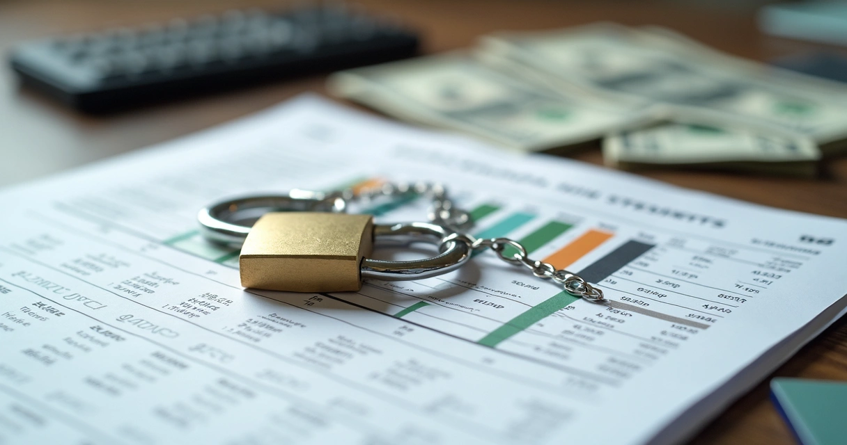 Planilha de fluxo de caixa com cadeado e corrente