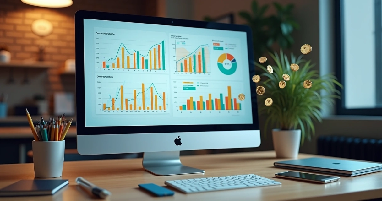 Fluxo de caixa para campanhas digitais em tela com gráfico e ROI