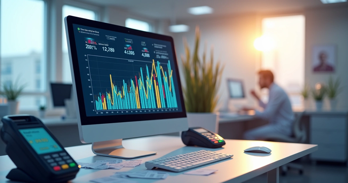 Tela de computador mostrando gráficos financeiros e maquininhas de cartão ao lado 