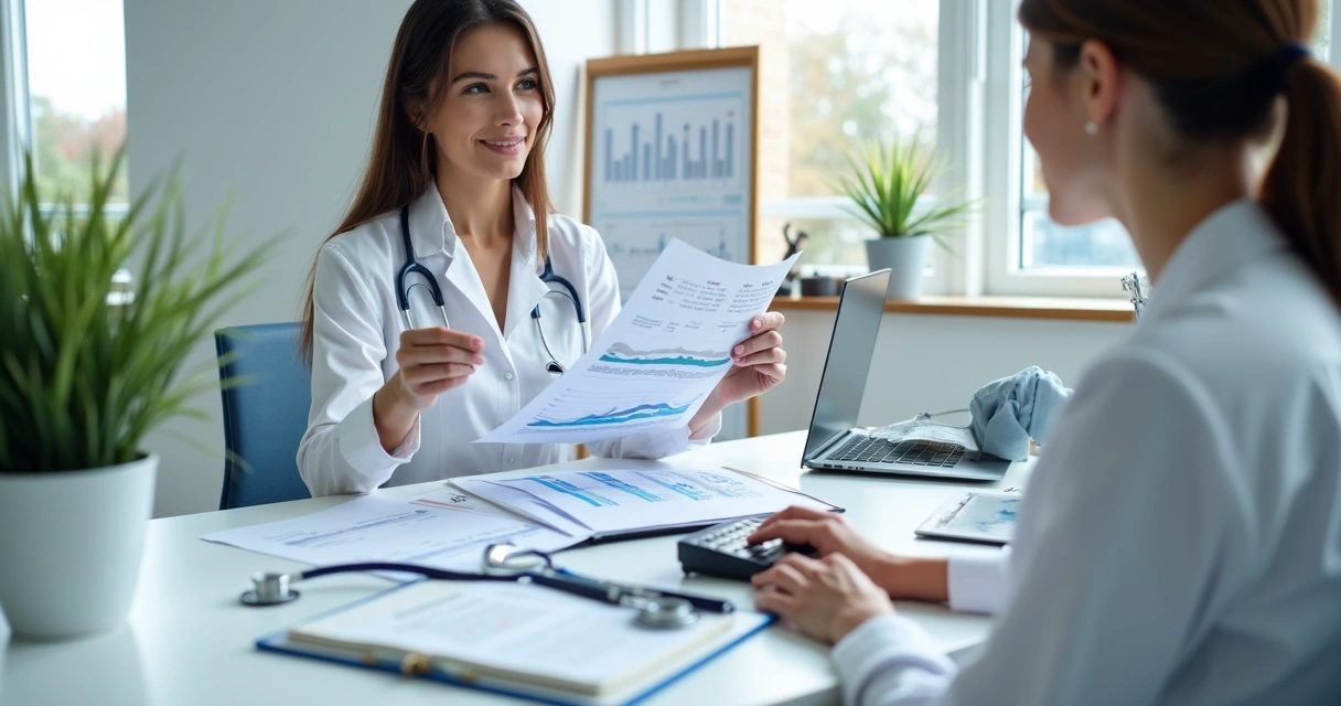 Gestor de clínica revisando fluxo de caixa e tributos em escritório médico