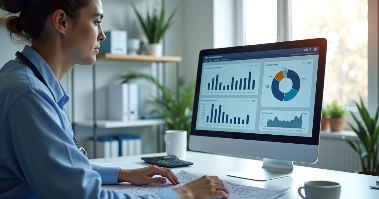 Gestor de clínica analisando fluxo de caixa e DRE no computador