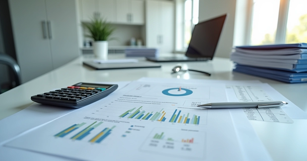 Planilhas financeiras e calculadora em mesa de clínica 