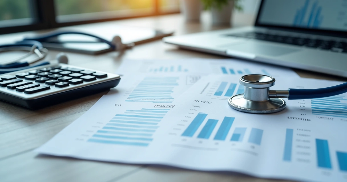 Planilhas e calculadora sobre mesa de clínica médica 