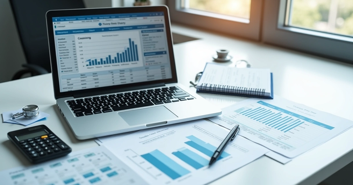 Planilha financeira e agenda de clínica em mesa de trabalho