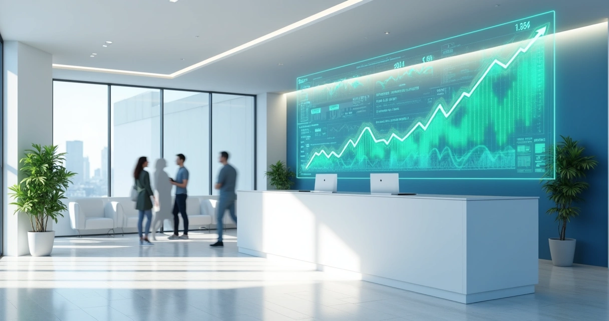 Painel digital de fluxo de caixa clínico com gráficos e IA destacada na tela 