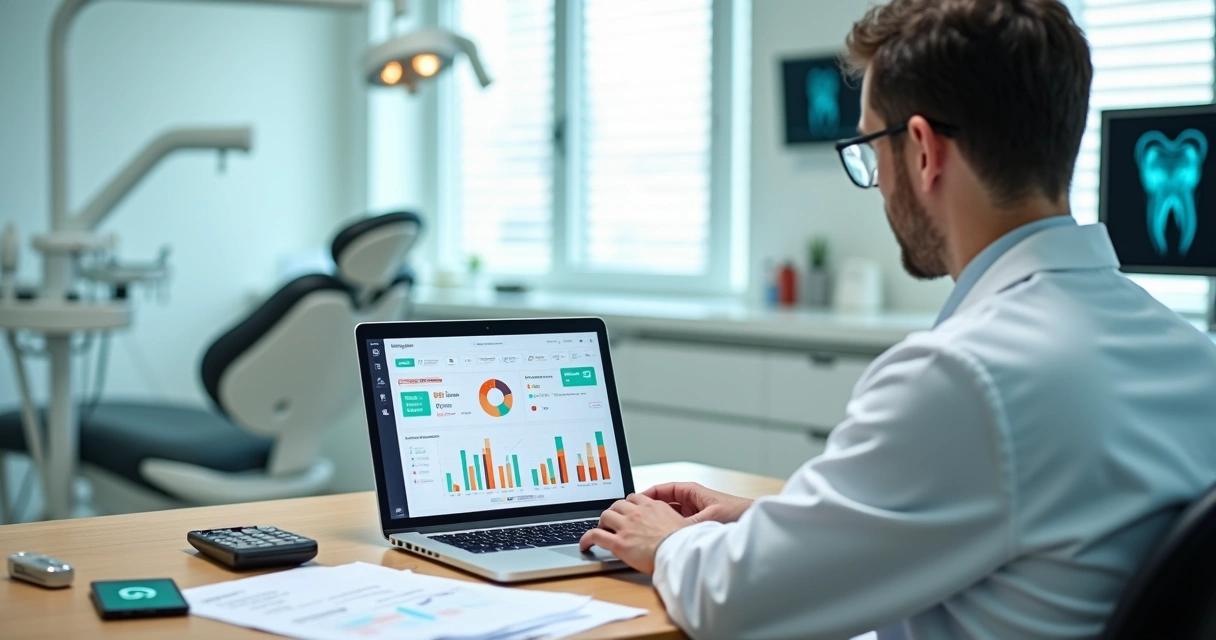 Dentista analisando fluxo de caixa em notebook dentro de clínica odontológica moderna 