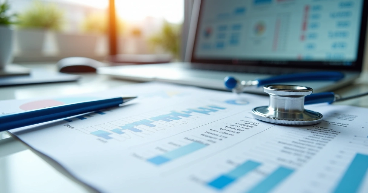 Planilha com fluxo de caixa ao lado de estetoscópio e caneta 