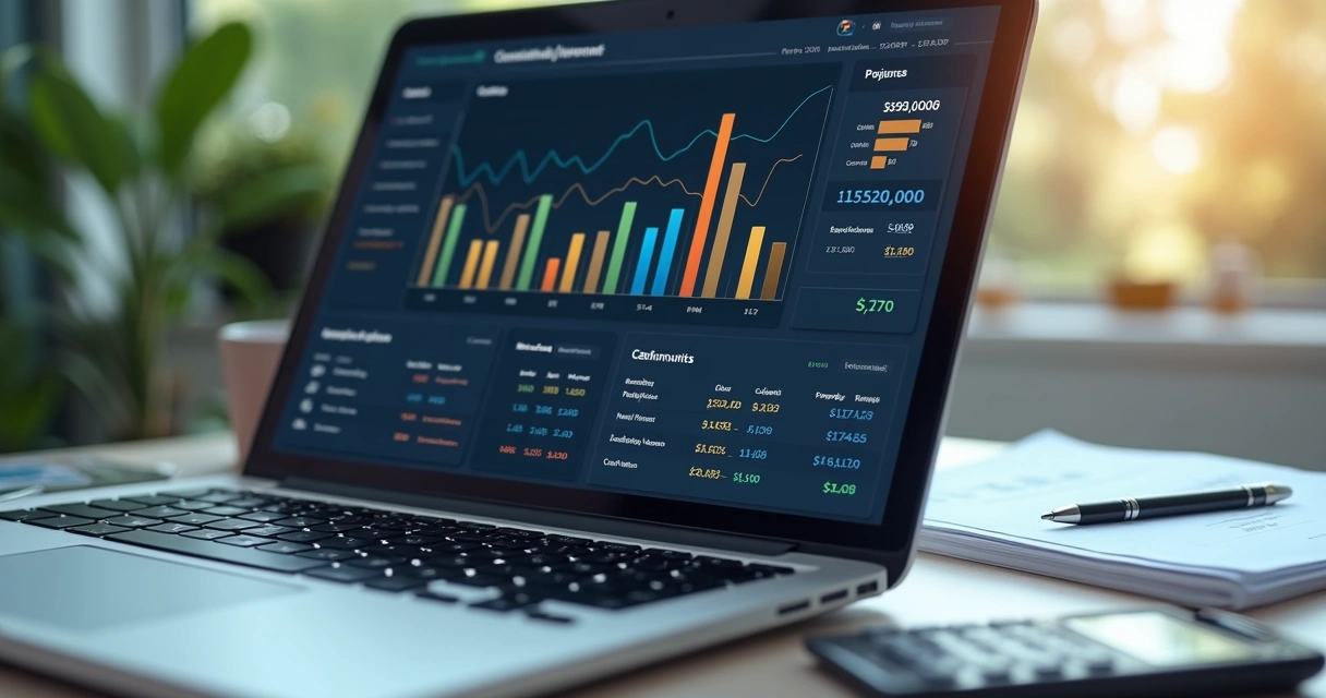Painel financeiro de condomínio com indicadores de fluxo de caixa 