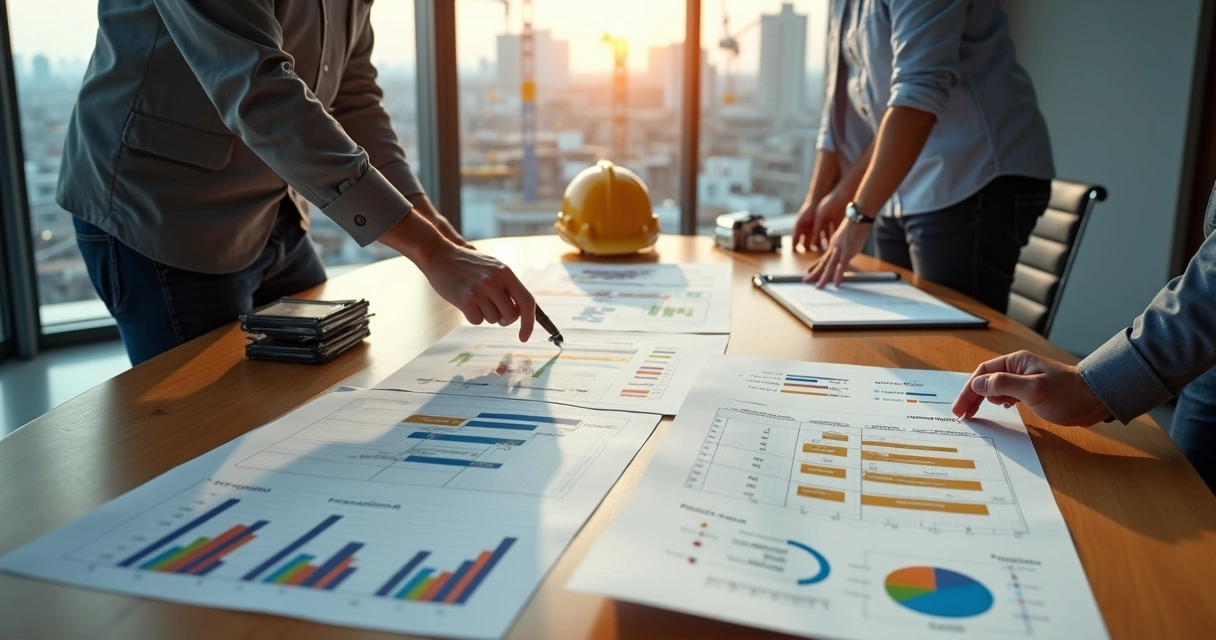 Gestores de construtora analisando fluxo de caixa em plantas e gráficos financeiros 