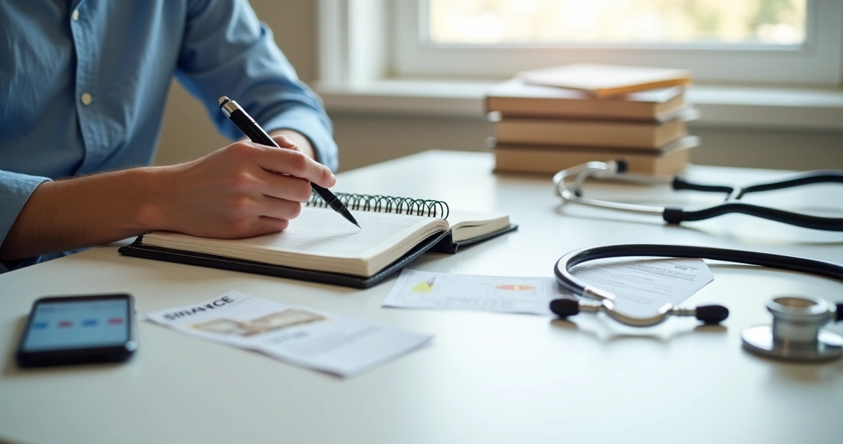 Psicólogo anotando receitas e despesas em caderno perto de agenda 
