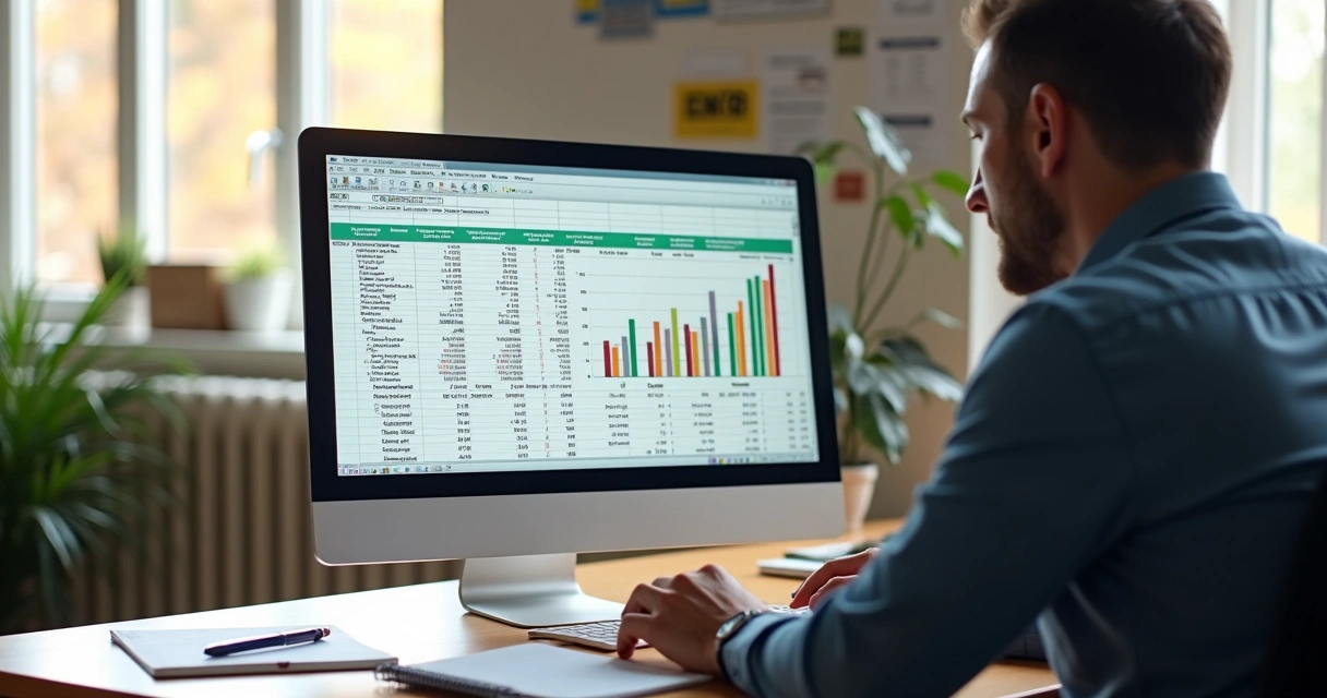 Planilha aberta mostrando fluxo de caixa em tela de computador, com gráficos e números ao lado de uma caneta sobre papel