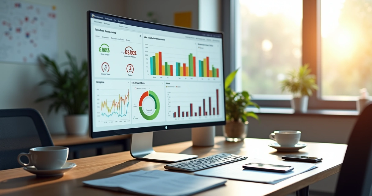 Dashboard financeiro com gráficos de fluxo de caixa e indicadores de entradas e saídas em tela de computador moderno 