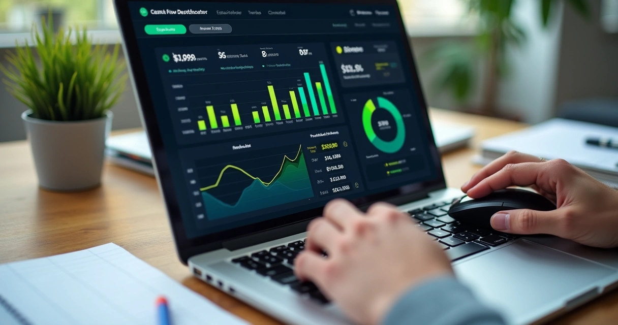 Dashboard financeiro digital mostrando fluxo de caixa 