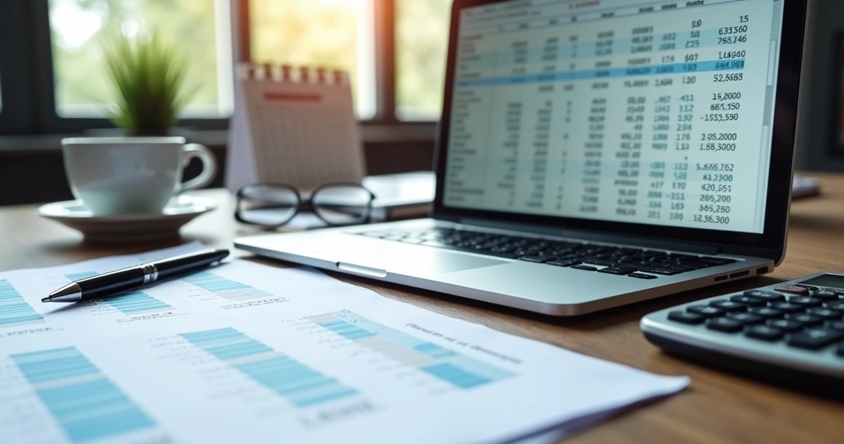 Mesa com planilha financeira aberta, calculadora, laptop e caneta, cenário de escritório organizado para controle de fluxo de caixa 