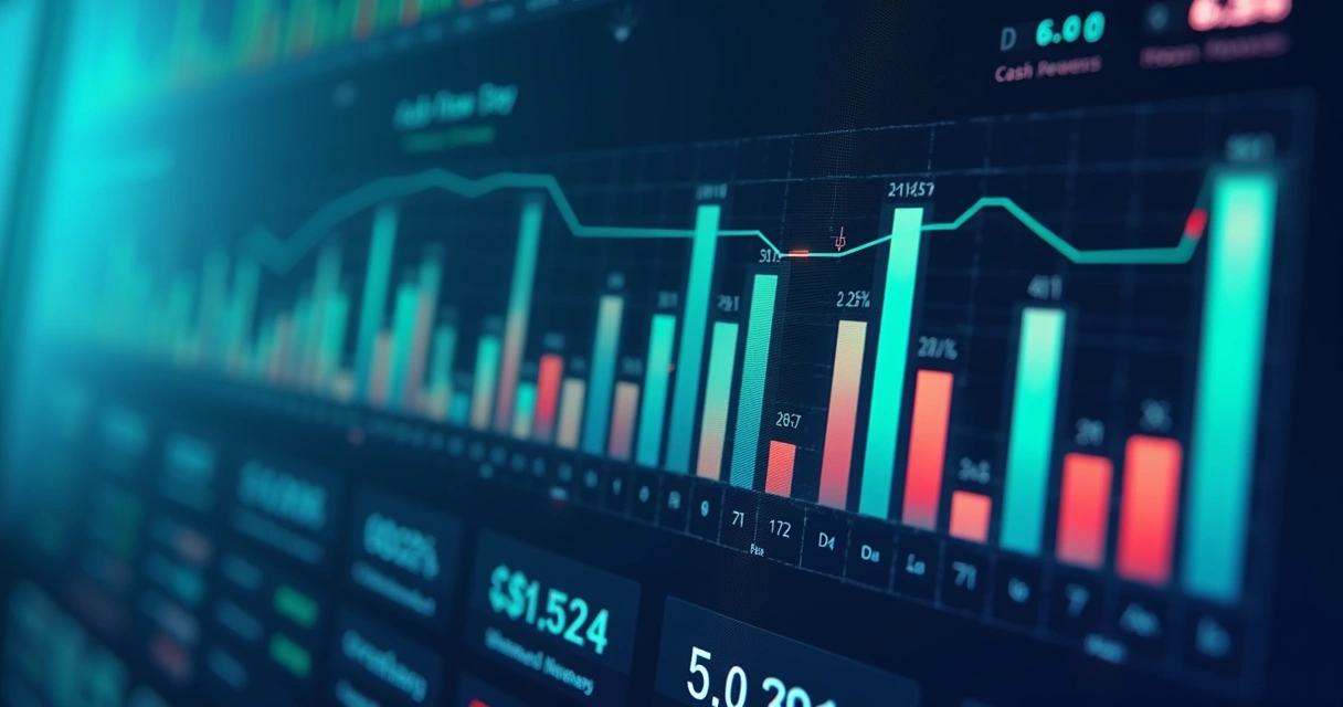 Gráfico mostrando fluxo de caixa com barras de entradas e saídas mensais 