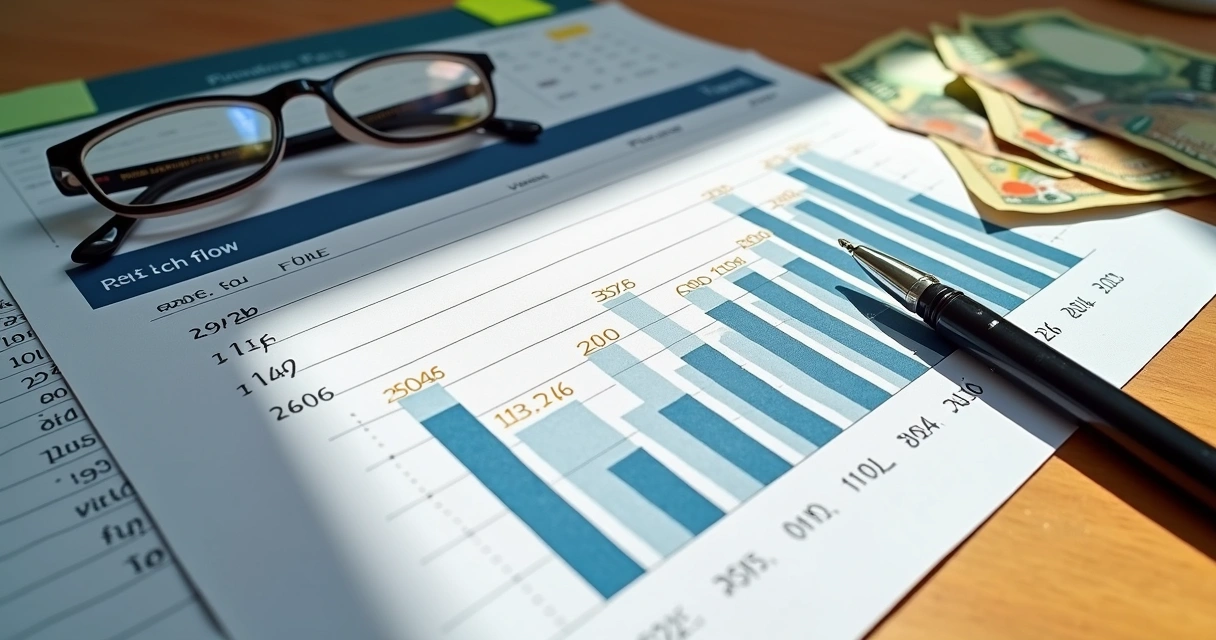 Planilha de fluxo de caixa aberta sobre a mesa com caneta e notas ao lado 