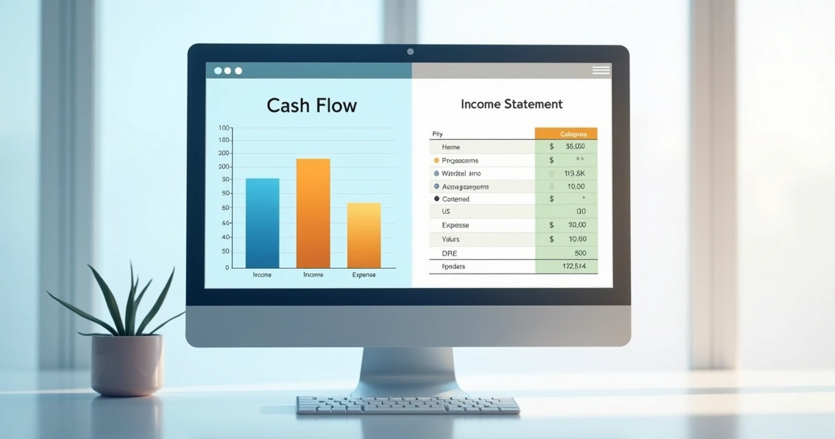 Gráfico simples de fluxo de caixa e DRE lado a lado em tela digital 