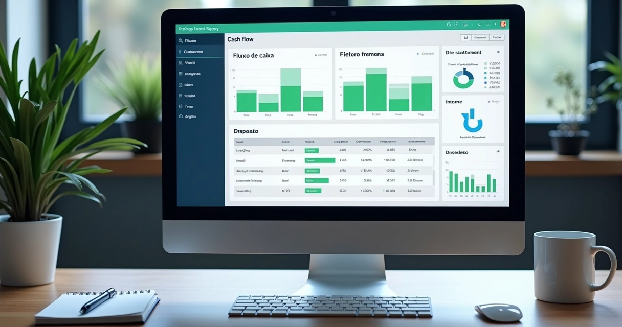 Painel de sistema mostrando fluxo de caixa e relatório DRE lado a lado, com gráficos coloridos e dados em tela 