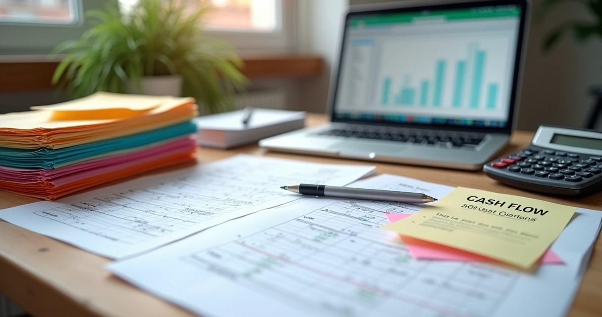 Visão superior de mesa de escritório com papéis organizando registros financeiros 