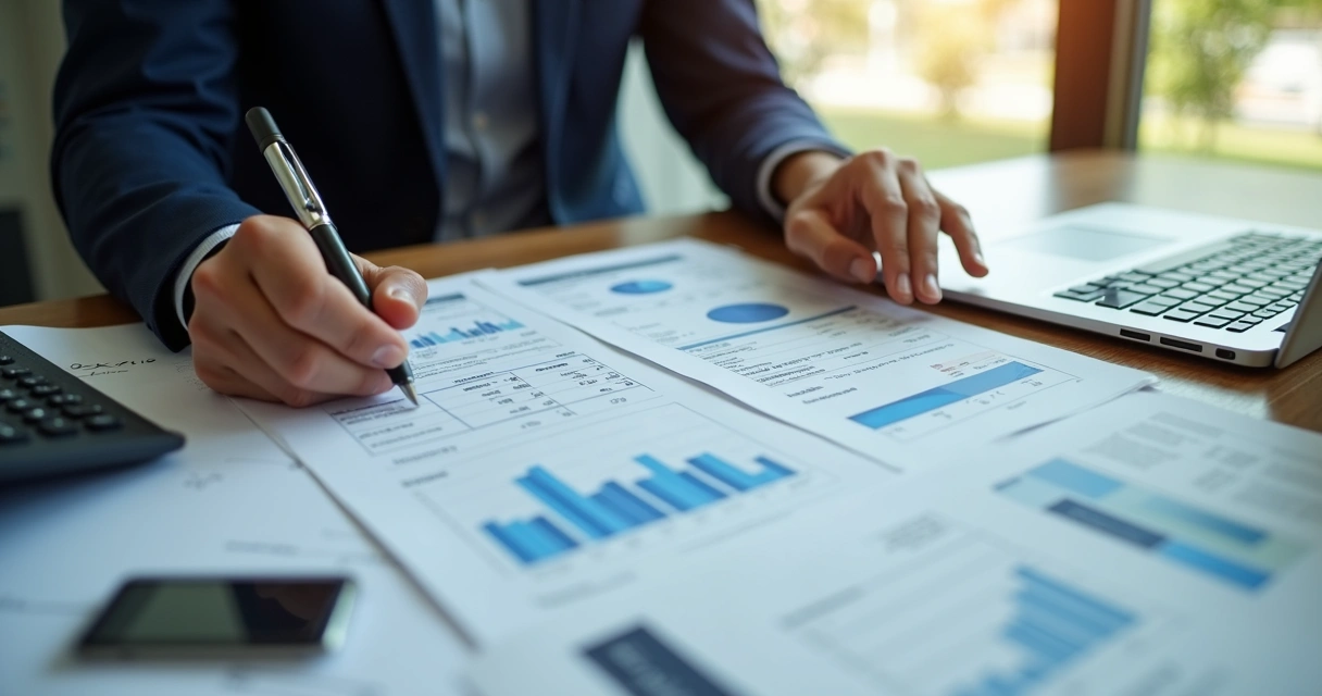 Gestor analisando fluxo de caixa e recebíveis em escritório