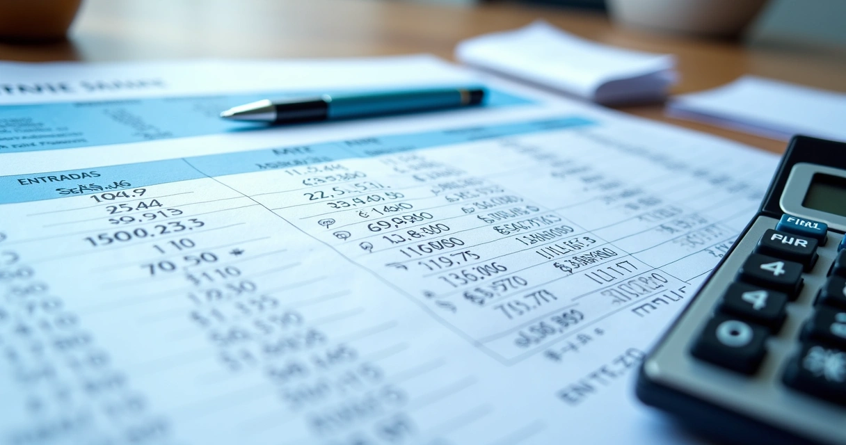 Planilha de fluxo de caixa com entradas e saídas e calculadora ao lado