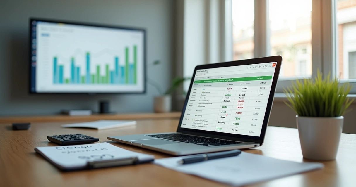Gestor analisando fluxo de caixa simples em laptop com gráficos coloridos 
