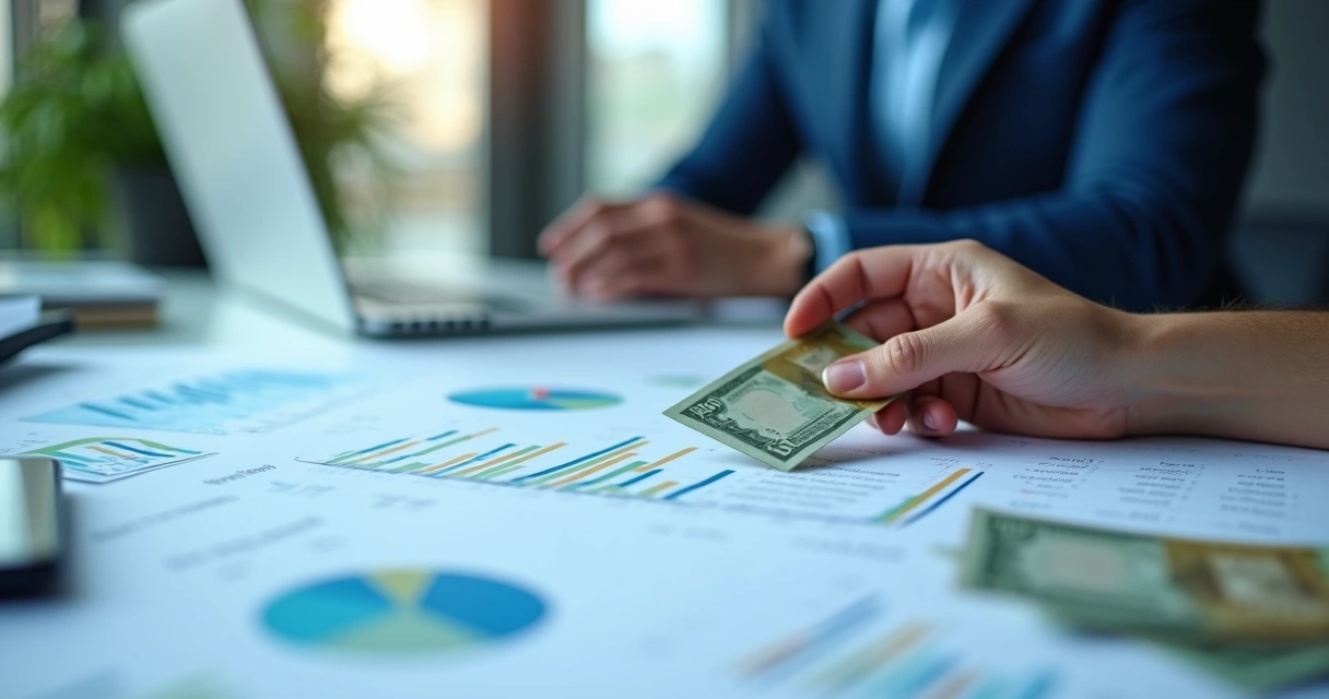 Fluxo de caixa empresarial com gráficos e notas em destaque 