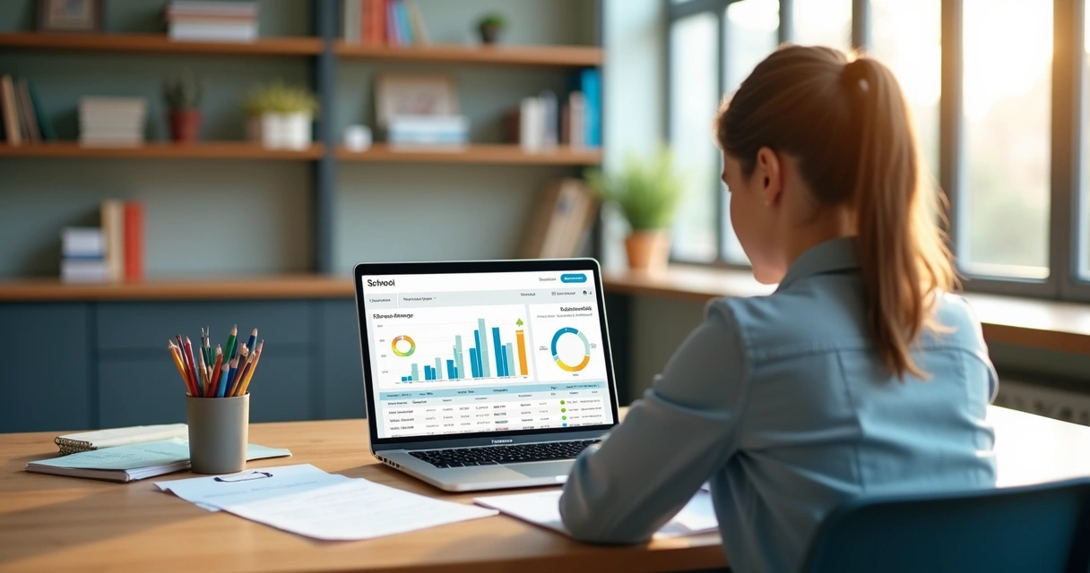 Gestor escolar analisando fluxo de caixa com gráficos coloridos de pagamentos recebidos e pendentes em ambiente de escritório 