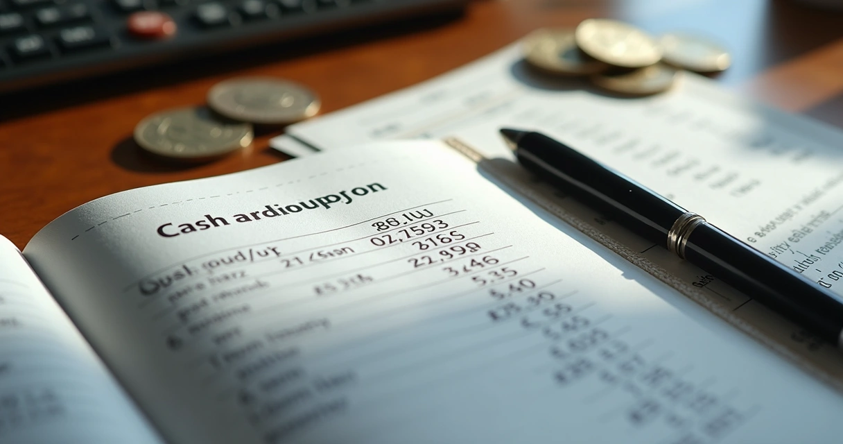 Livro caixa aberto com anotações de saídas de dinheiro e caneta ao lado 