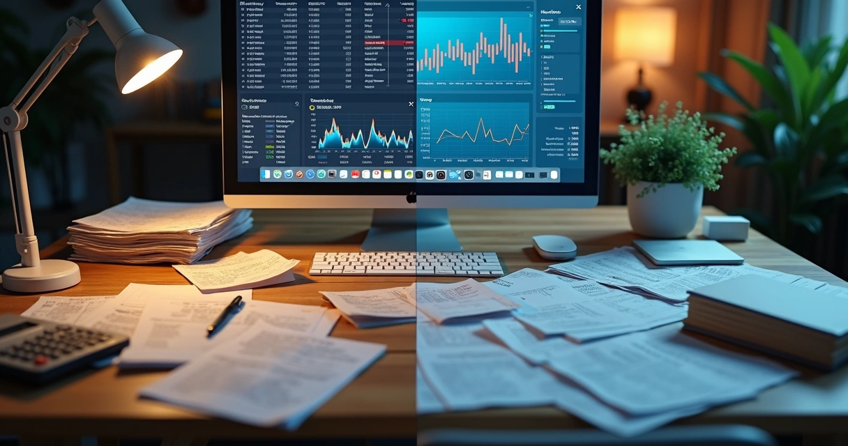 Comparação de planilha manual na mesa e painel financeiro digital seguro ao lado 