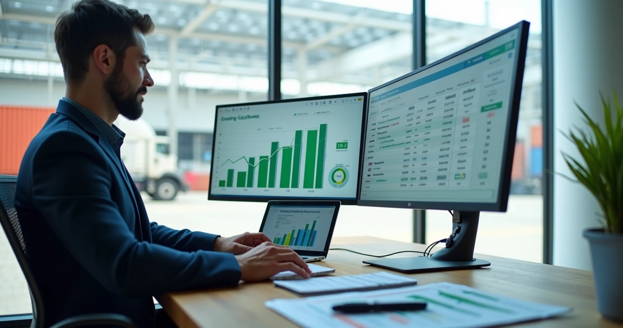 Gestor logístico analisando fluxo de caixa em painel financeiro digital 