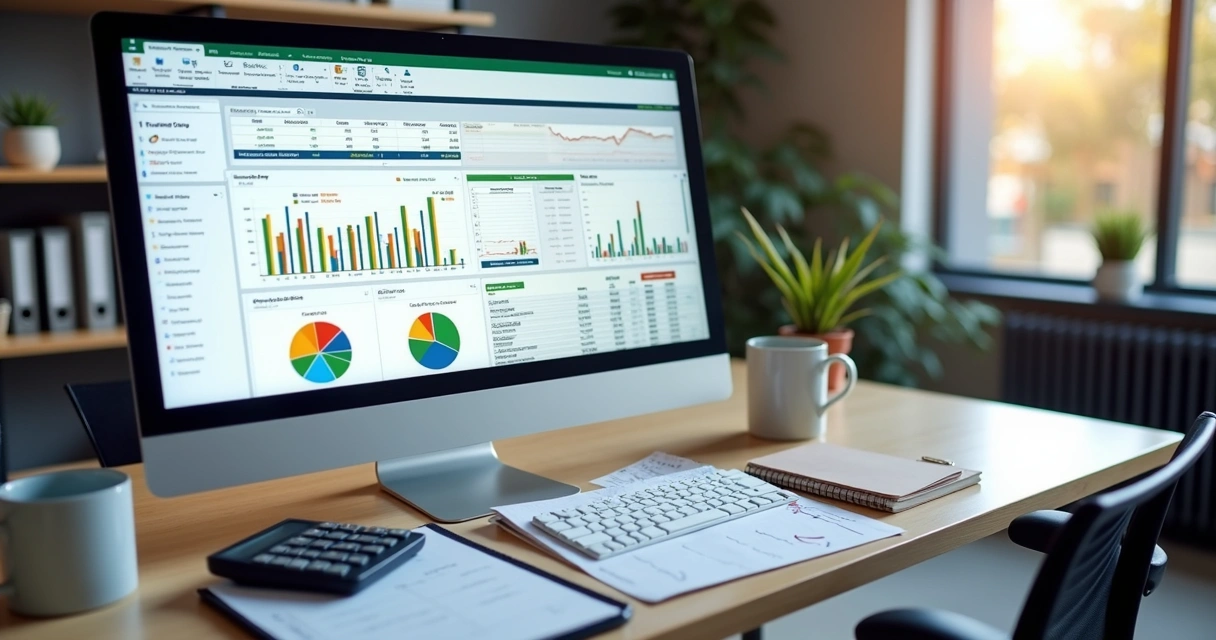 Tela de computador mostrando planilha de fluxo de caixa com gráficos coloridos
