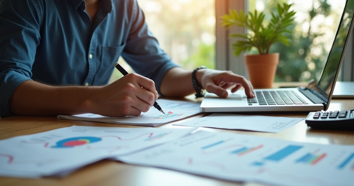 Fluxo de caixa sendo montado com planilha, calculadora e recibos 