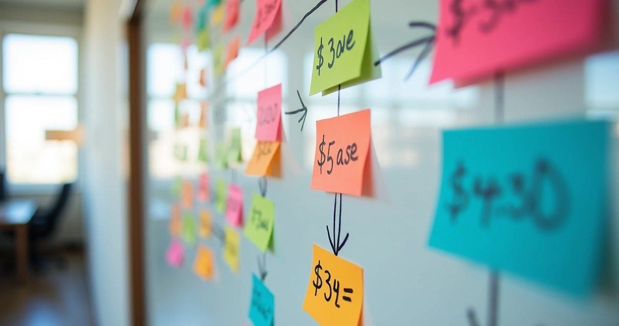 Fluxo de caixa ilustrado em quadro branco com notas e gráficos coloridos