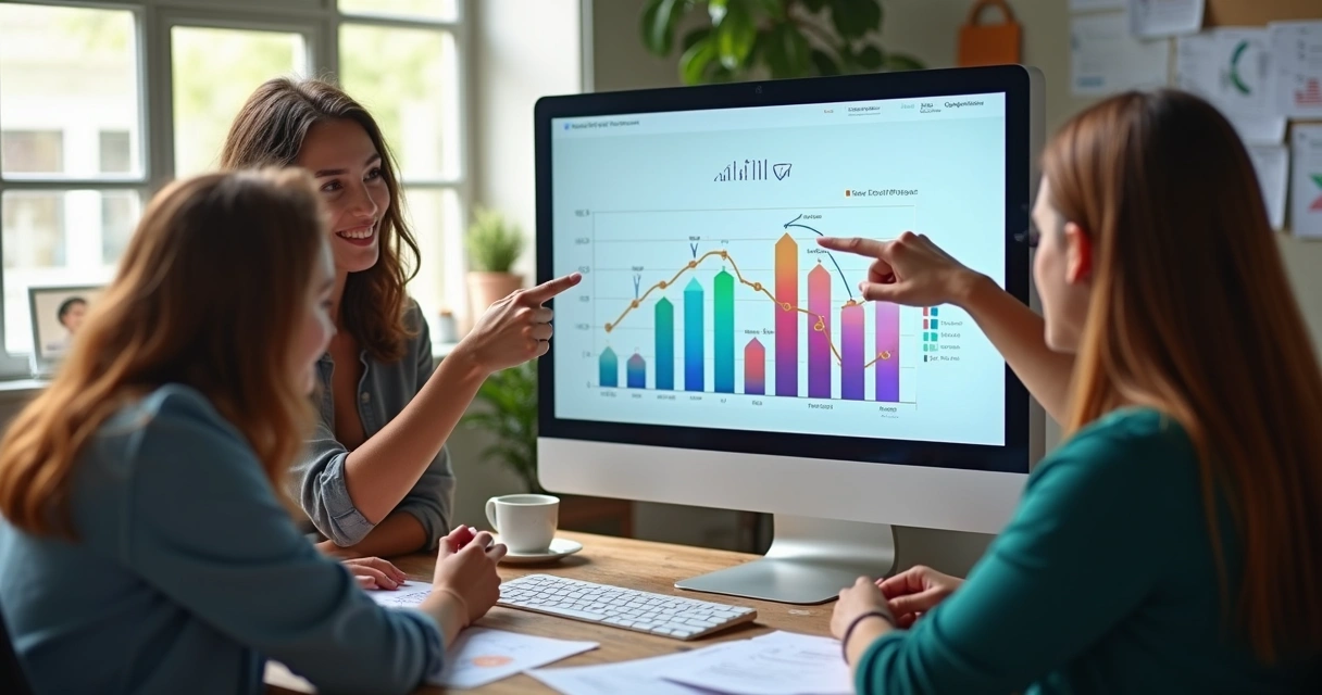 Pessoas analisando fluxo de caixa em monitor grande