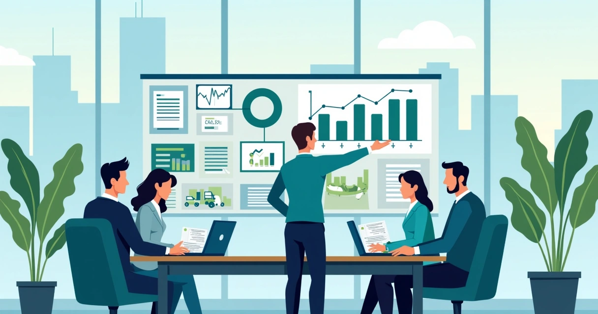 Fluxo de caixa com gráficos e equipe analisando tabelas 