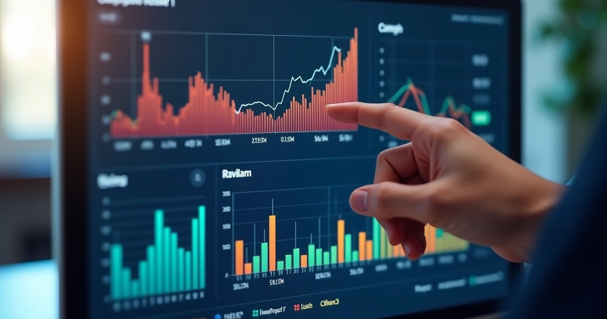 Fluxo de caixa de empresa em painel digital com gráficos coloridos e mão indicando dados 