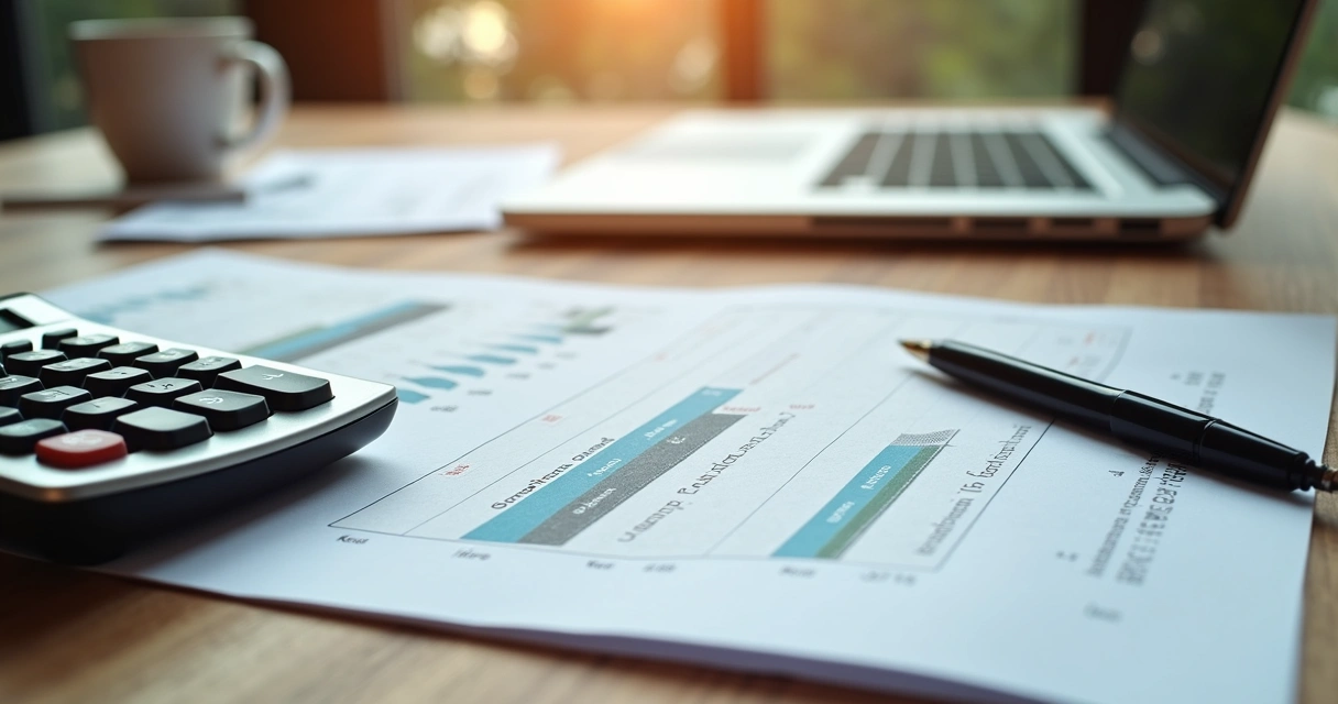 Planilha de fluxo de caixa aberta sobre mesa de escritório com calculadora, caneta e laptop ao redor 