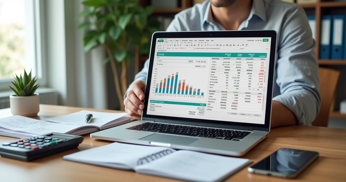 Empresário organizando fluxo de caixa mensal em planilha no notebook 