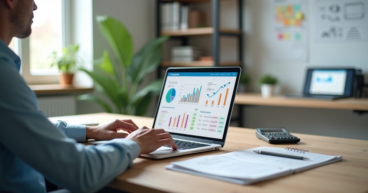 Empresária analisa fluxo de caixa em dashboard financeiro no notebook 