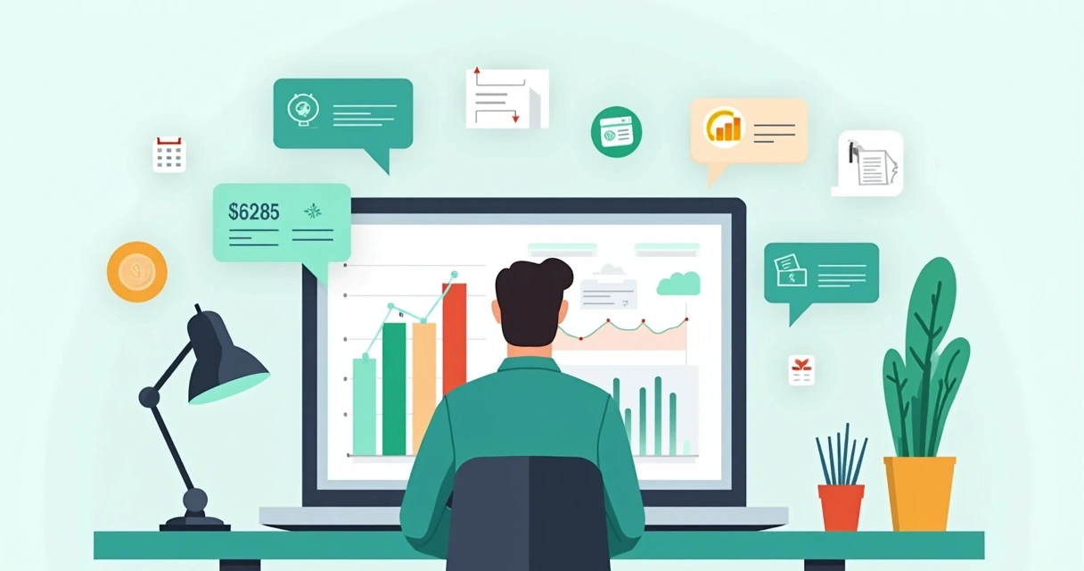Gestor de PME analisando fluxo de caixa em planilha e gráficos 