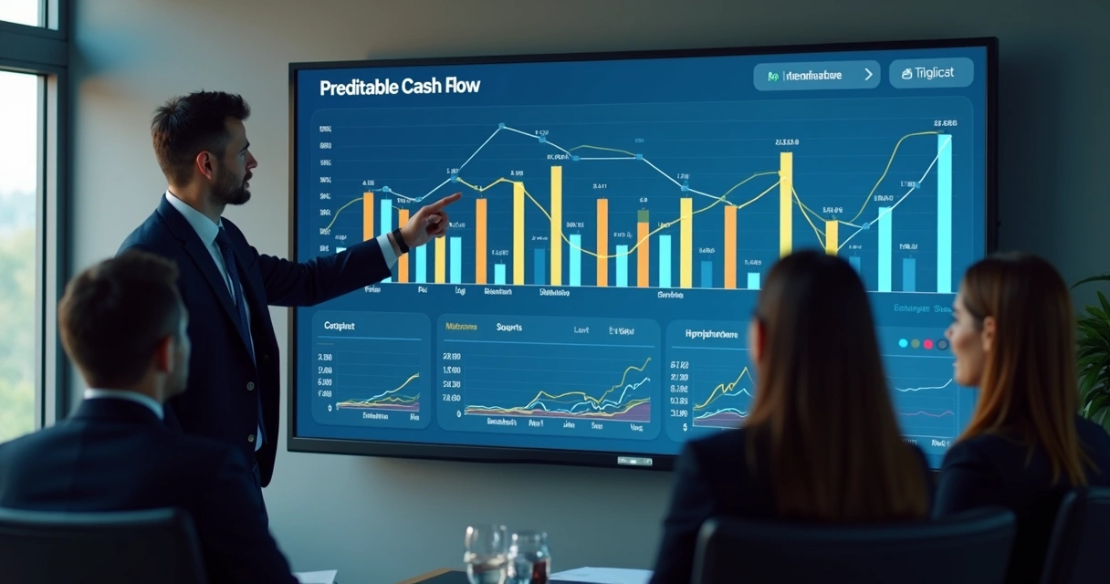 Painel financeiro mostrando fluxo de caixa previsível de receita recorrente 