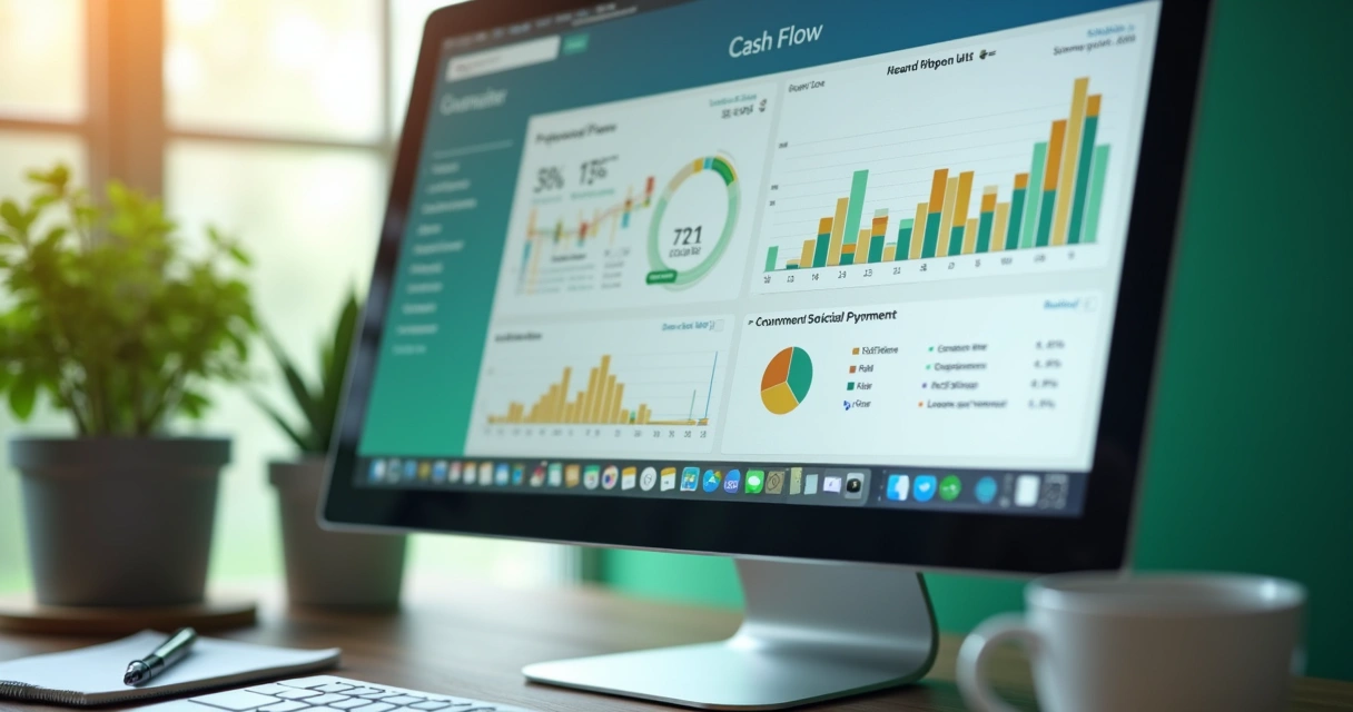 Dashboard com fluxo de caixa previsível em tela de computador 