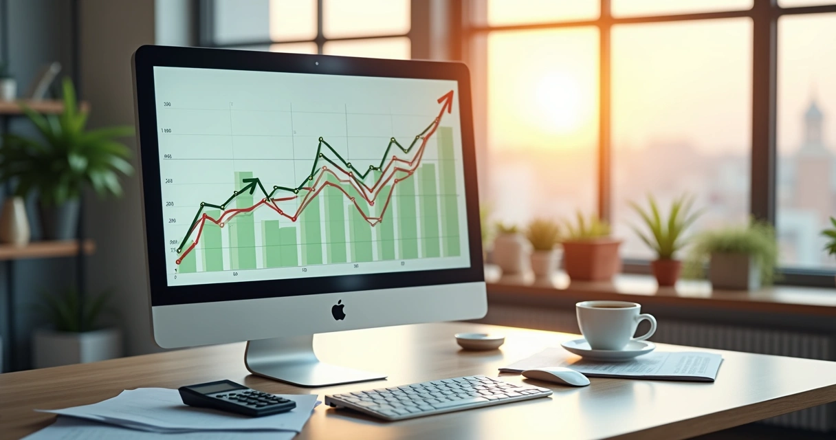Gráfico projetado de fluxo de caixa com linhas ascendentes e descendentes em um escritório moderno 