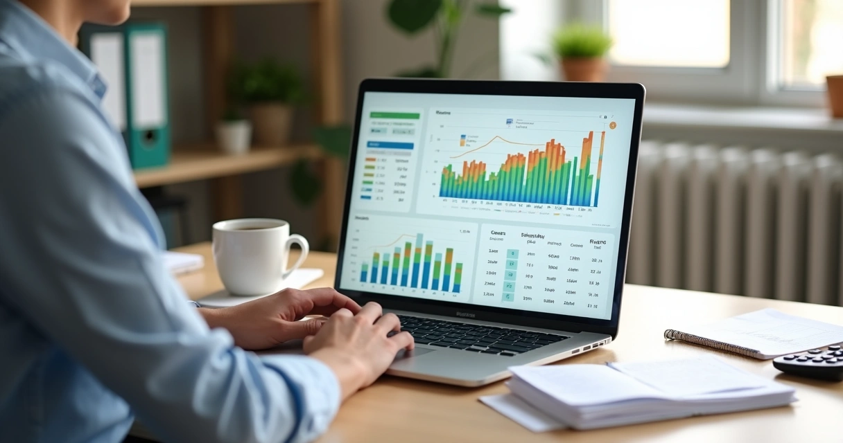 Empresário analisa fluxo de caixa projetado em tela com gráficos e tabela 